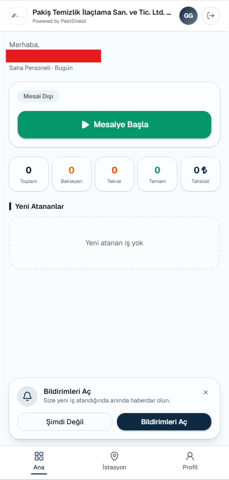 PestShield saha personeli mobil uygulaması